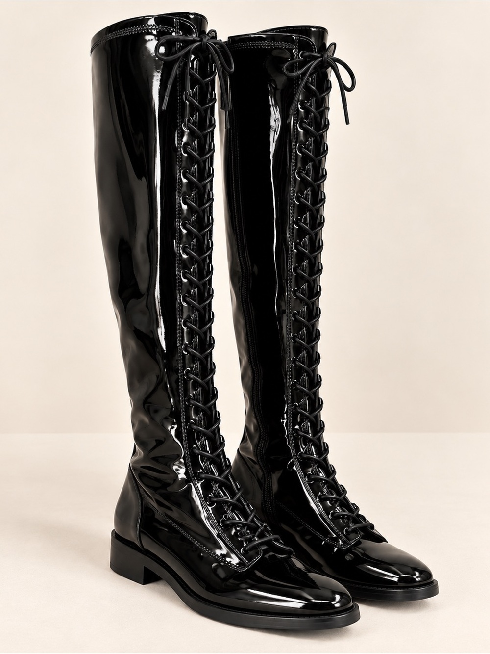 SCHUTZ Black Patent Leather Knee High Lace-Up Boots Size 7.5B